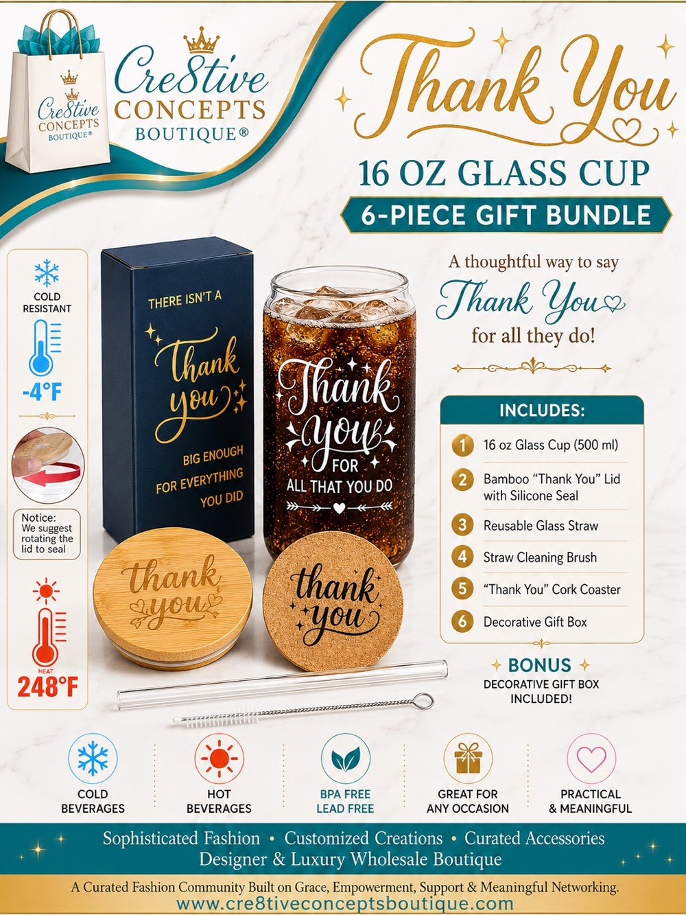 Appreciation 16oz Glass Thank You Cup 6-Piece Gift Bundle Set with Bamboo Lid
